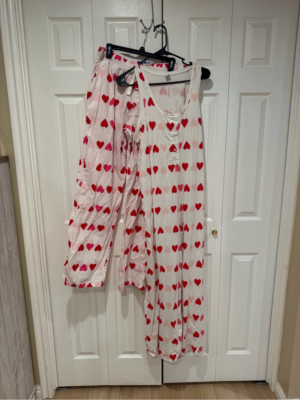 Men’s heart pajama pants & Women’s heart pajama romper. Cute matching pair!